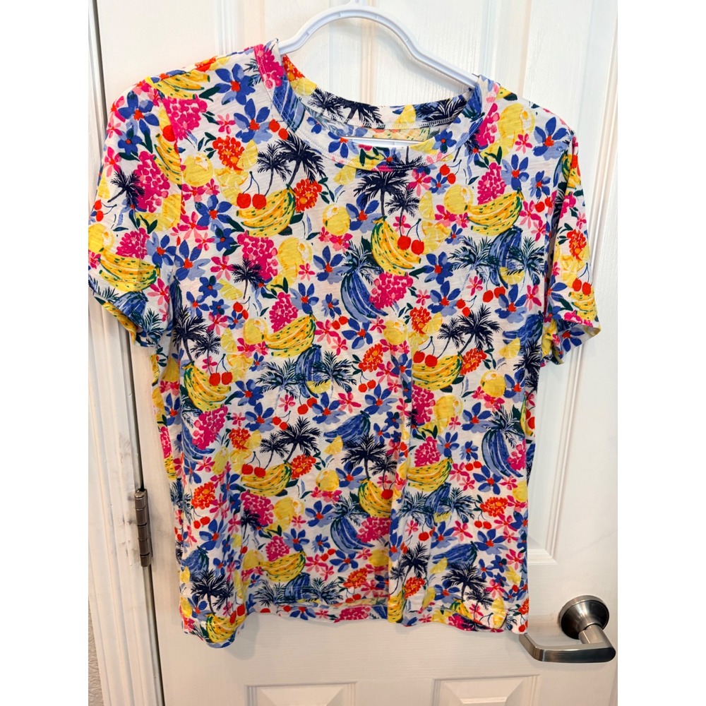 LOFT T-Shirt Multicolor Tropical Fruit Print Banana Palm Tree Cotton Tee L